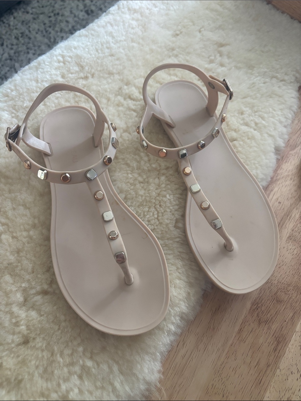 le chateau Beige T-Strap Sandals with Metallic Studs